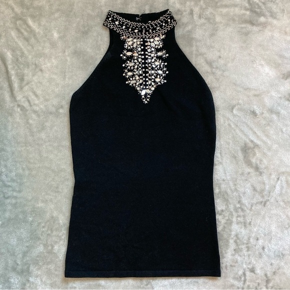 Forever 21 High Neck Beaded Black Top Silk Blend Keyhole Back Closure Size XS - Picture 1 of 7